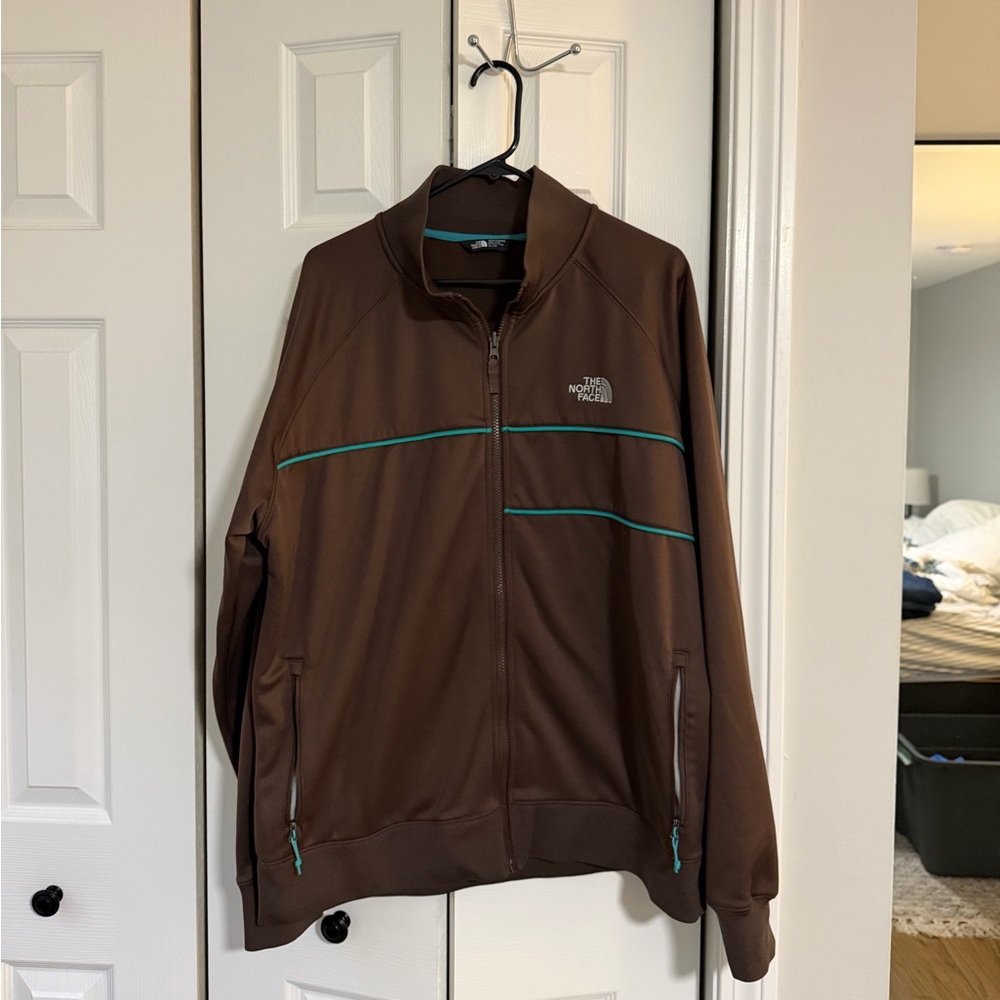 The North Face Men’s Chocolate Brown Zip-up Jacket with Teal Highlights